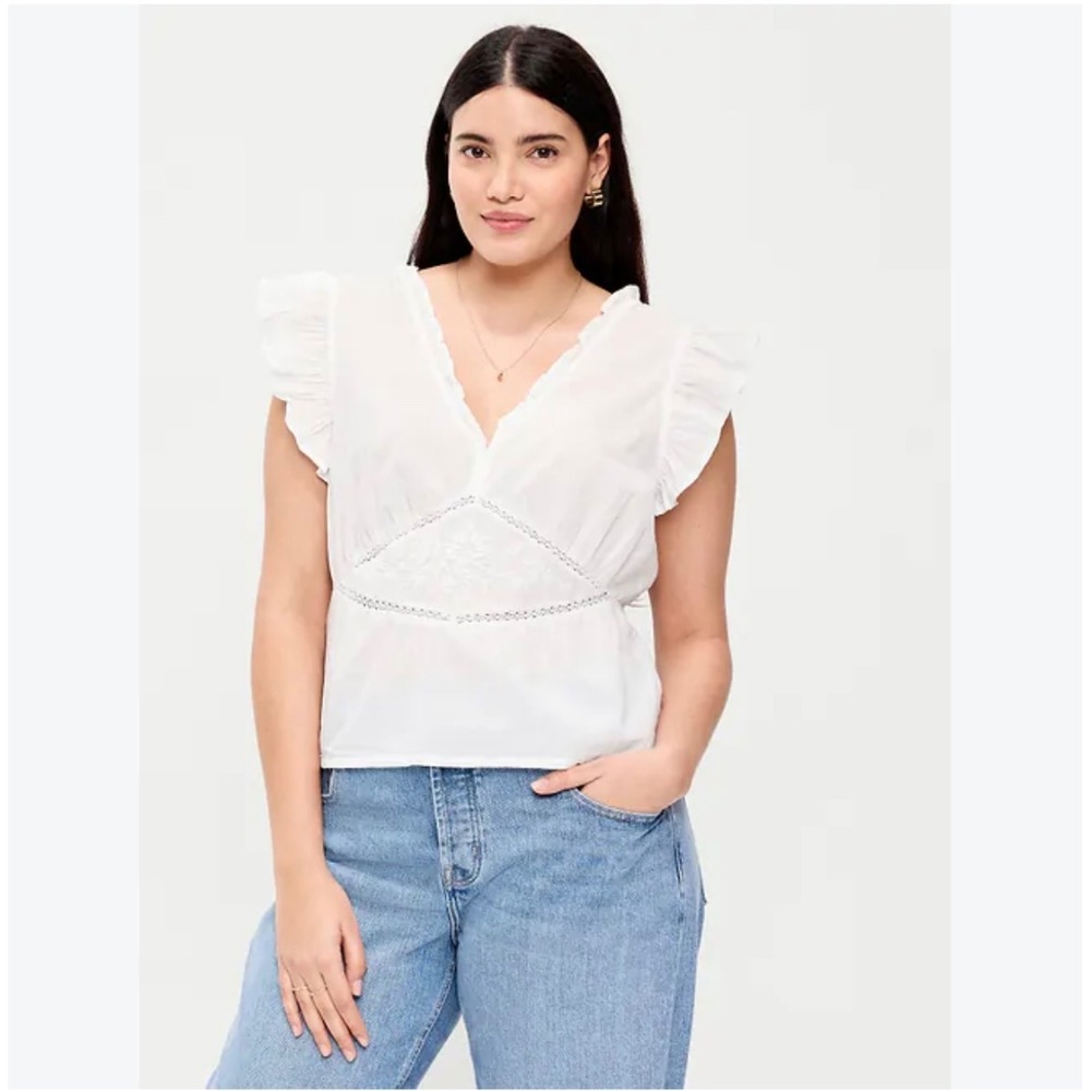 Old Navy White Embroidered Ruffle V-Neck Sleeveless Peplum Top M Tall cotton